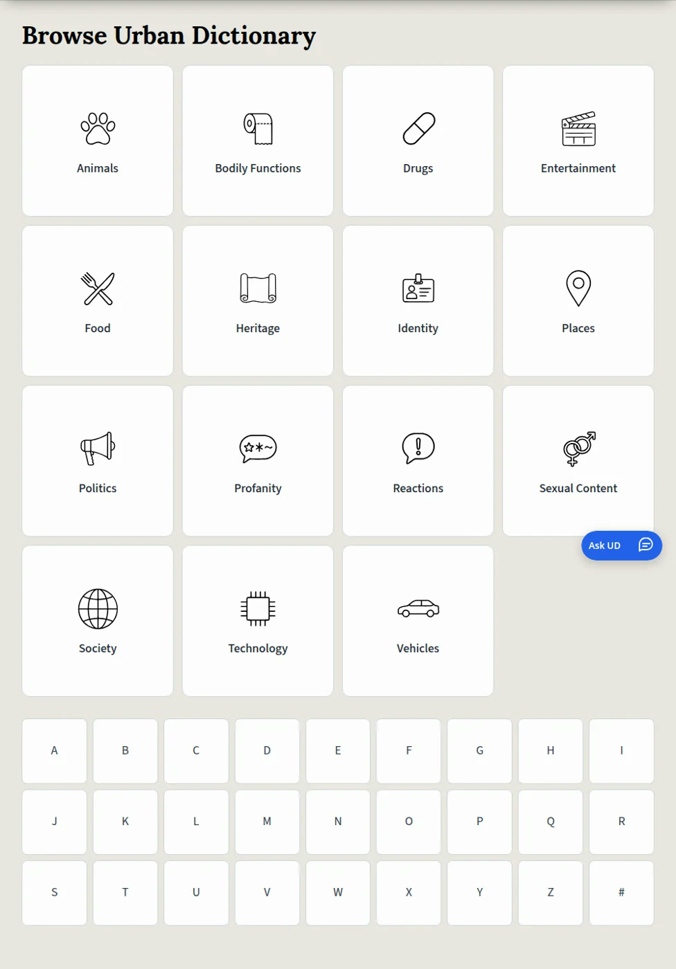 Urban Dictionary topic browsing with categories and alphabetical links